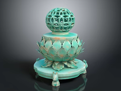 Turquoise Decorative Furniture Piece With Hollow Sphere And Lotus Shaped Base 3d model