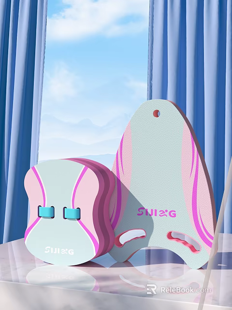 Pink Accented Items By Window With Blue Curtains 3d model