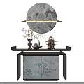 Chinese Style Console Table With Landscape Pattern Decorative Vase Miniature Pavilion And Flower Branch Decorative Elements 3d model