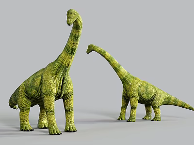 Two Green Scaly Long Necked Reptilian Dinosaurs Standing Side by Side 3d model