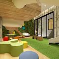 Playful Kindergarten Interior With Slide Green Plant Wall Colorful Cushions And Cloud Decorations