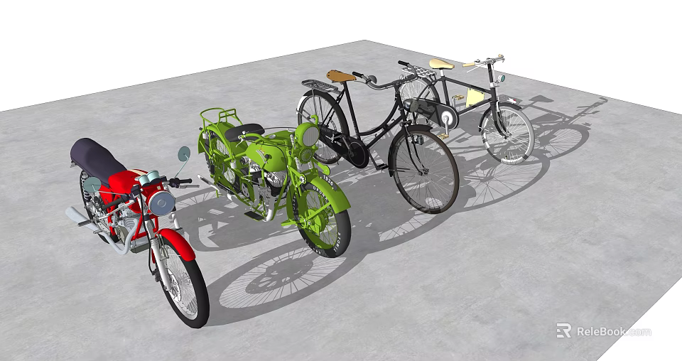 Red Green Black Vintage Bicycles Parked On Concrete Floor With Classic Design 3d model 