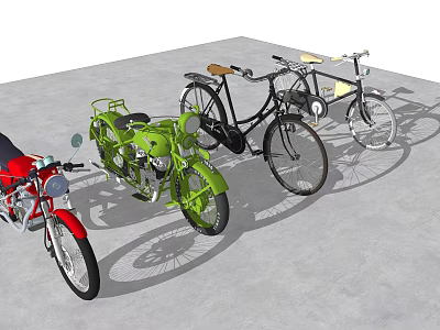 Red Green Black Vintage Bicycles Parked On Concrete Floor With Classic Design 3d model