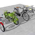 Red Green Black Vintage Bicycles Parked On Concrete Floor With Classic Design