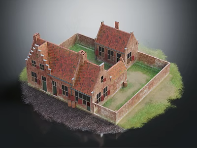 Traditional Architecture Model Featuring Red Tiled Roofs Brick Walls Enclosed Courtyard And Green Grass 3d model