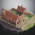 Traditional Architecture Model Featuring Red Tiled Roofs Brick Walls Enclosed Courtyard And Green Grass