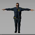 Man in dark blue uniform with badge wearing sunglasses and belt standing with arms outstretched