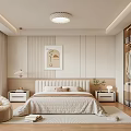 Minimalist Modern Bedroom With Bed Nightstands Artwork Ceiling Light Closet Bean Bag Chair And Rug