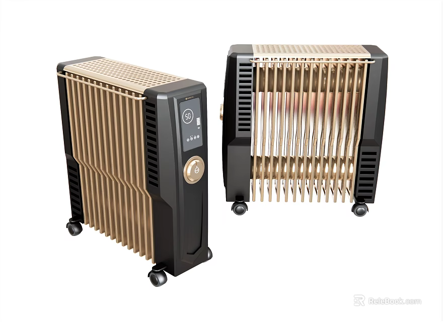 Two Black and Gold Modern Electric Radiators with Heating Fins Wheels and Control Panel 3d model 
