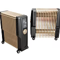 Two Black and Gold Modern Electric Radiators with Heating Fins Wheels and Control Panel