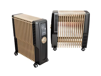Two Black and Gold Modern Electric Radiators with Heating Fins Wheels and Control Panel 3d model