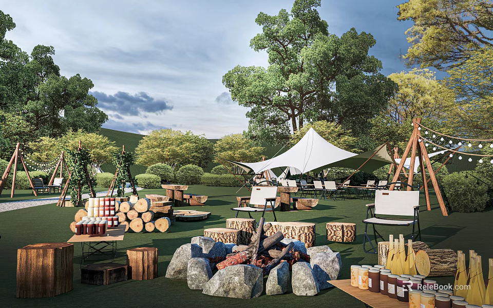 Garden Landscape Featuring White Tents Stacked Logs Fire Pit And Wooden Seating 3d model 