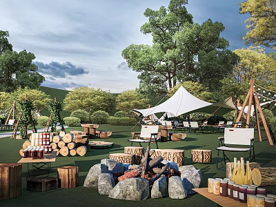 Garden Landscape Featuring White Tents Stacked Logs Fire Pit And Wooden Seating 3d model