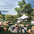 Garden Landscape Featuring White Tents Stacked Logs Fire Pit And Wooden Seating