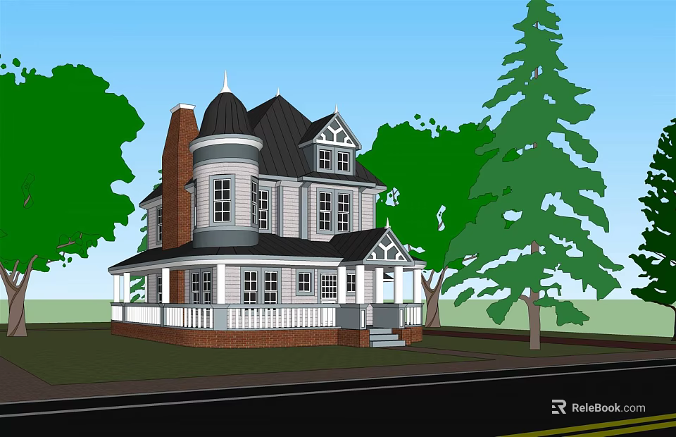 Two Story Detached Villa Featuring Black Roof White Exterior Gabled Tower Porch And Trees 3d model 