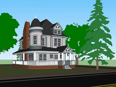 Two Story Detached Villa Featuring Black Roof White Exterior Gabled Tower Porch And Trees 3d model