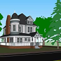 Two Story Detached Villa Featuring Black Roof White Exterior Gabled Tower Porch And Trees