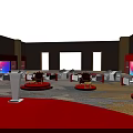 Event Stage Setup With Red Backdrop White Logo And Surrounding Tables Chairs 3d model