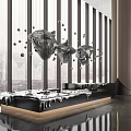 Hanging Black Wolf Head Sculptures in Modern Interior with Large Windows 3d model