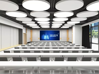 Spacious Conference Room With Rows Of Chairs Large Screen And Round Ceiling Lights 3d model