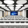 Spacious Conference Room With Rows Of Chairs Large Screen And Round Ceiling Lights