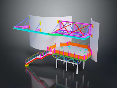 Colorful Steel Structure Design With Staircase Platform Support Columns And Framed Panels 3d model