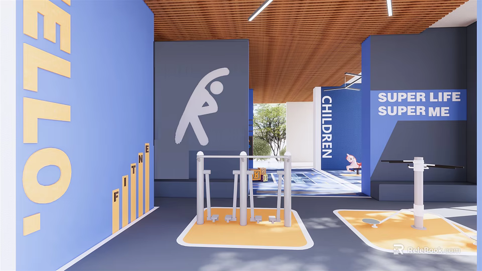Kids Friendly Recreation Area With Blue Walls Wooden Ceiling And Fitness Equipment 3d model 