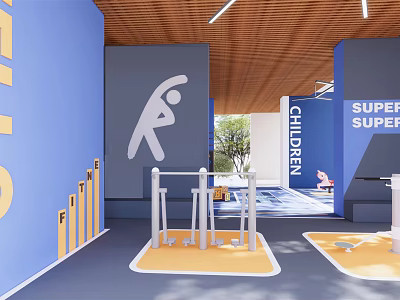 Kids Friendly Recreation Area With Blue Walls Wooden Ceiling And Fitness Equipment 3d model