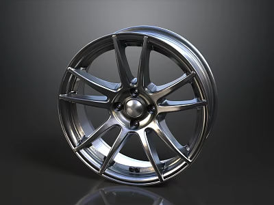 Silver Wheel Rim With Multiple Spokes On Dark Background And Reflection 3d model
