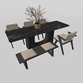 Modern Black Rectangular Dining Table Set with Chairs Bench and Dried Branch Vase 3d model