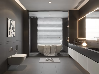 Modern Gray Bathroom Interior Design With Bathtub Toilet Vanity And Backlit Mirror 3d model