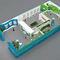 Modern Cultural Tourism Exhibition Booth With Unique Blue Shaped Walls And Large Central Display Screen