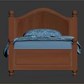 Traditional Wooden Bed With Mahogany Frame Blue Patterned Bedspread And Pillow