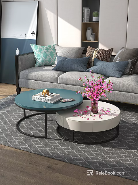Blue And White Coffee Table Set With Scattered Petals Pink Flowers Book And Sofa Pillows 3d model 