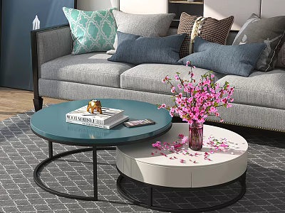 Blue And White Coffee Table Set With Scattered Petals Pink Flowers Book And Sofa Pillows 3d model