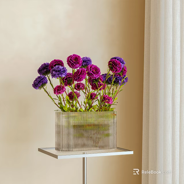 Transparent Square Vase With Vertical Stripes Holding Purple And Pink Flowers On Metal Stand 3d model 