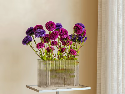 Transparent Square Vase With Vertical Stripes Holding Purple And Pink Flowers On Metal Stand 3d model