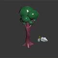 Cartoon Low Poly Tree With Pink Trunk Green Foliage And White Rocks 3d model