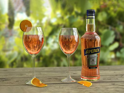 APEROL Bottle with Two Wine Glasses of Pink Drink and Orange Slices on Wooden Table 3d model