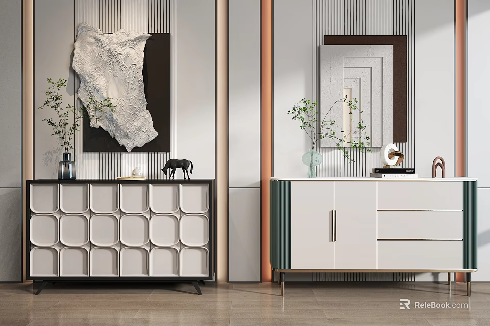 Modern Console And Side Cabinet With Geometric Design Decorative Painting Mirror And Plant Vases 3d model 