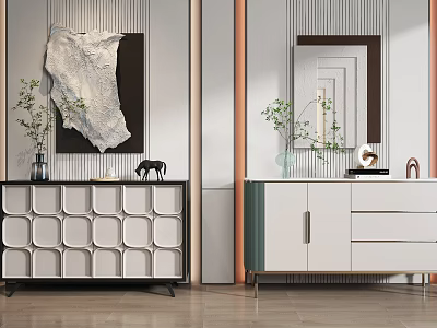 Modern Console And Side Cabinet With Geometric Design Decorative Painting Mirror And Plant Vases 3d model