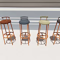 Four Modern Bar Stools with Copper Metal Legs and Multicolor Seats in Different Backrest Designs