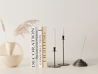 Modern Decorative Ornament Set With Books Candles Candle Holders Vase And Pampas Grass 3d model