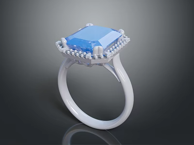 Elegant White Ring With Square Blue Gemstone And Decorative Details 3d model