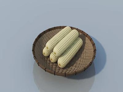 Fresh White Corn Cobs Placed In Wicker Plate On Light Blue Background 3d model