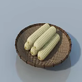 Fresh White Corn Cobs Placed In Wicker Plate On Light Blue Background