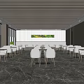 Modern Dining Area Interior With White Chairs Round Tables And Striped Ceiling 3d model
