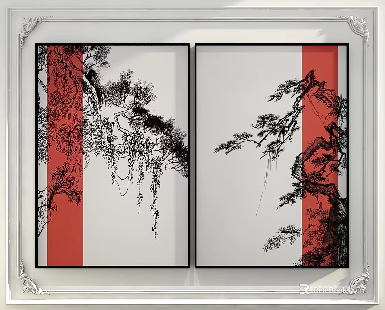 Inflatable Decorative Artwork With Red White Backdrop And Black Tree Branch Design 3d model