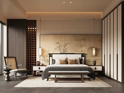 Oriental Style Bedroom Interior With Wooden Lattice Plum Blossom Mural And Pendant Lamps 3d model