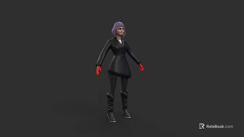 3D Woman With Purple Hair Black Coat Red Gloves Black Boots On Dark Background 3d model 